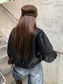 DAZY 春季新款磨損皮革短版外套 情人節女款休閒夾克 秋季外衣 - 黑色 - 查看 2