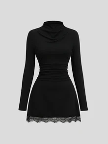 Sweetra Women's Elegant Fashion Versatile Commute & Comfortable Double-Brushed Milk Silk Spliced Lace Design Mini Dress - Black - View 3