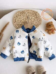 Souflis Souflis 男嬰幼兒 0-3 歲可正反穿厚實絎縫摩托飛行夾克，卡通藍熊拉鍊夾克，秋冬可愛男嬰熊棒球夾克 - 藍色 - 查看 10