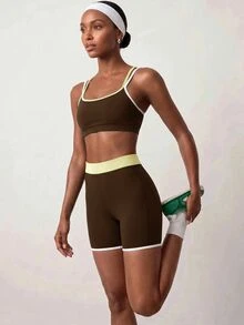 Zivah Women's Contrast Trim Cropped Camisole Tank Top & Shorts Sportswear Set Gym Workout Activewear Outfit For Autumn - Brown - View 7