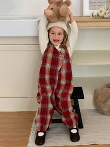 Dazy Kids Young Girls' Plaid Sleeveless Loose Red Autumn/Winter Brushed Fleece Jumpsuit - Brown - View 9