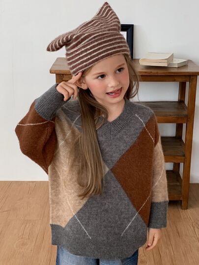 Hapijoa Young Girls' Plaid Colorblock Loose Casual Long Sleeve Thick Sweater, Autumn/Winter