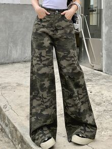 Dazy Tall Women's Camouflage Print Button Street Casual Denim Jeans Summer Everyday Going Out Forest Green - Army Green - View 3