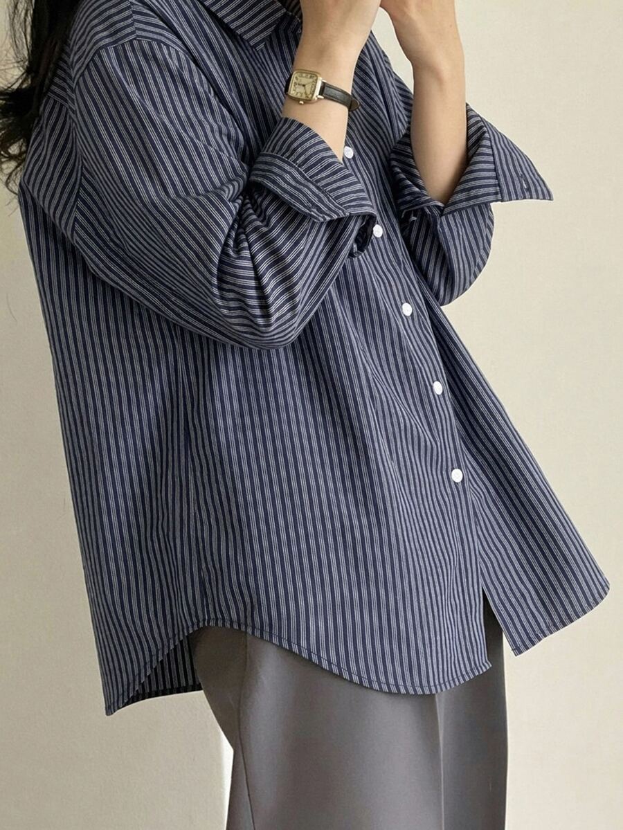 DAZY 女款休閒通勤條紋襯衫 秋季 - 藏蓝色 - 查看 1