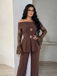 Vavine Women's Brown Contrast Lace Gold Rose Buckle Off-Shoulder Top And Long Pants Elegant Two Pieces Set - Coffee Brown - View 4