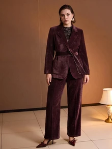 MOTF PREMIUM PLUS SIZE WOMEN'S AUTUMN/WINTER FAUX LEATHER TRIM DECORATED PATCH POCKET SUEDE BLAZER - Burgundy - View 3