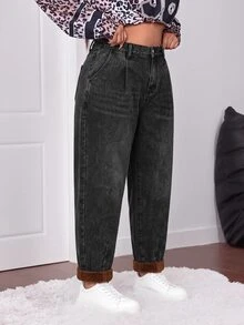 Firerie Plus-Size Women's Dark Grey Washed Straight-Leg Jeans Featuring A High-Waisted, Loose Fit, Cuffed Hems, And A Warm Fleece Lining. - Black - View 2