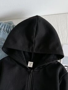 SHEIN 少女寬鬆休閒基本款極簡舒適街頭風連帽修身前短後長長袖冬季外套 白色 秋季 - 黑色 - 查看 6