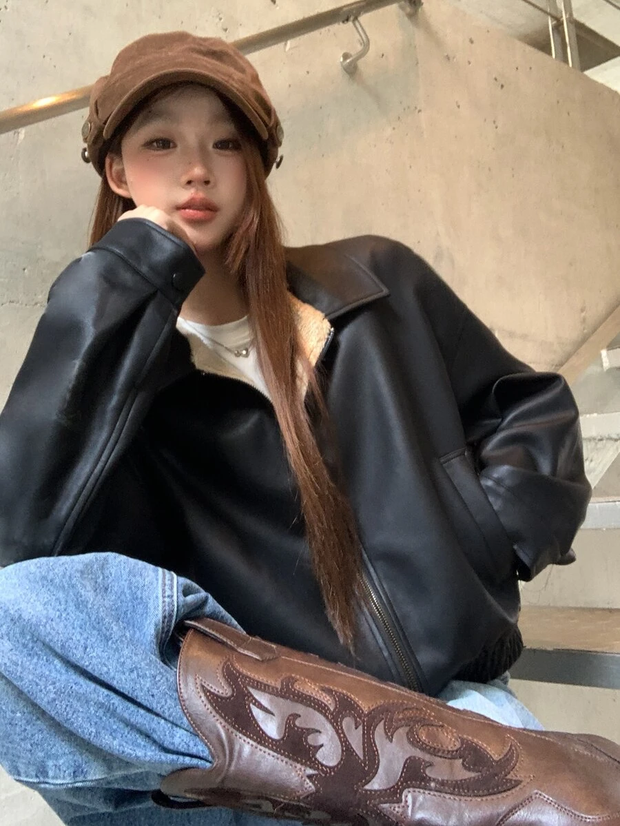 DAZY 春季新款磨損皮革短版外套 情人節女款休閒夾克 秋季外衣 - 黑色 - 查看 1