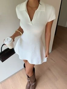 RiviMae Women's All-Match Fashion Polo Collar Minimalist Elegant Commute Versatile Casual Vacation Knit White Dress Brunch Summer - White - View 6
