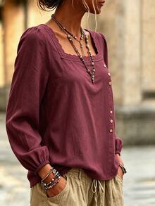 Balvessa Áo blouse nữ 100% cotton cổ vuông, phối ren, vạt bất đối xứng, trang trí cúc, tay dài phồng, phong cách thường ngày thanh lịch vintage, màu đỏ rượu vang, mùa thu, đi brunch - Màu Đỏ Sâu - Xem 3