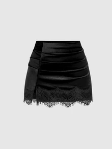 Sweetra Y2K Patchwork Eyelash Trim Commuter Casual Elegant Versatile Slimming Party Skirt - Black - View 4