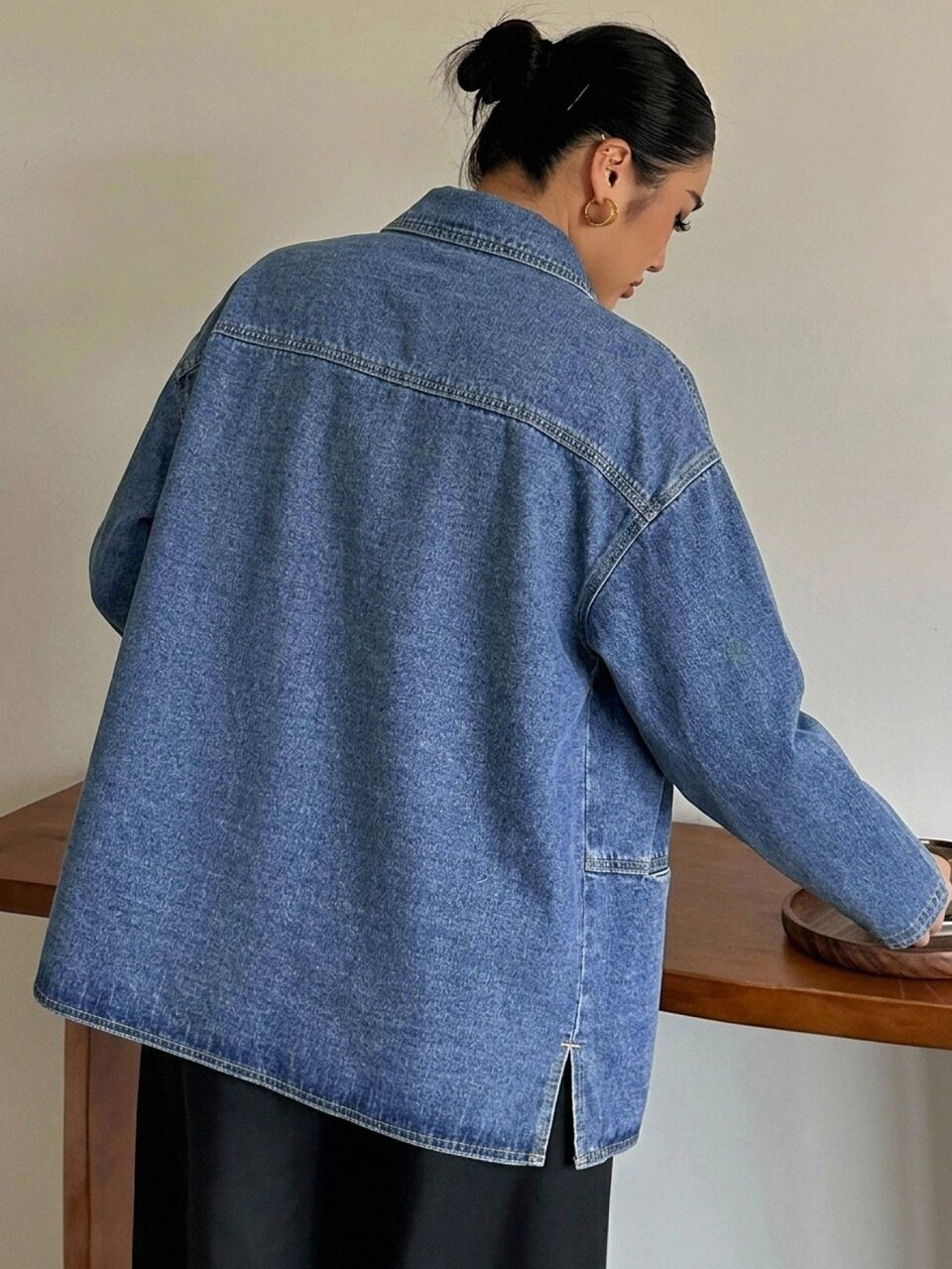 Dazy Plus Turn-Down Collar Loose Long Sleeve Open Front Denim Jacket, Urban Casual Washed Denim Loose Jacket, Plus Size Autumn New Arrival