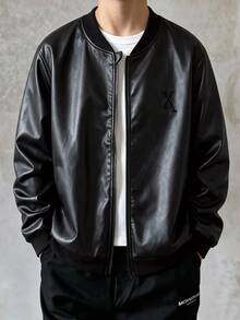 1pc Boys' Casual PU Leather Long Sleeve Jacket, Soft And Comfortable Fabric, Suitable For Daily Wear And Commuting In Autumn/Winter - Black - View 5
