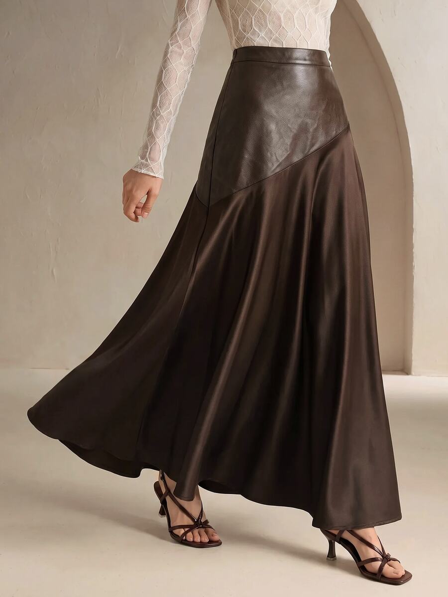 Anewsta Women's Elegant Skirt, Versatile Casual Commute PU Patchwork Satin Skirt - Coffee Brown - View 1