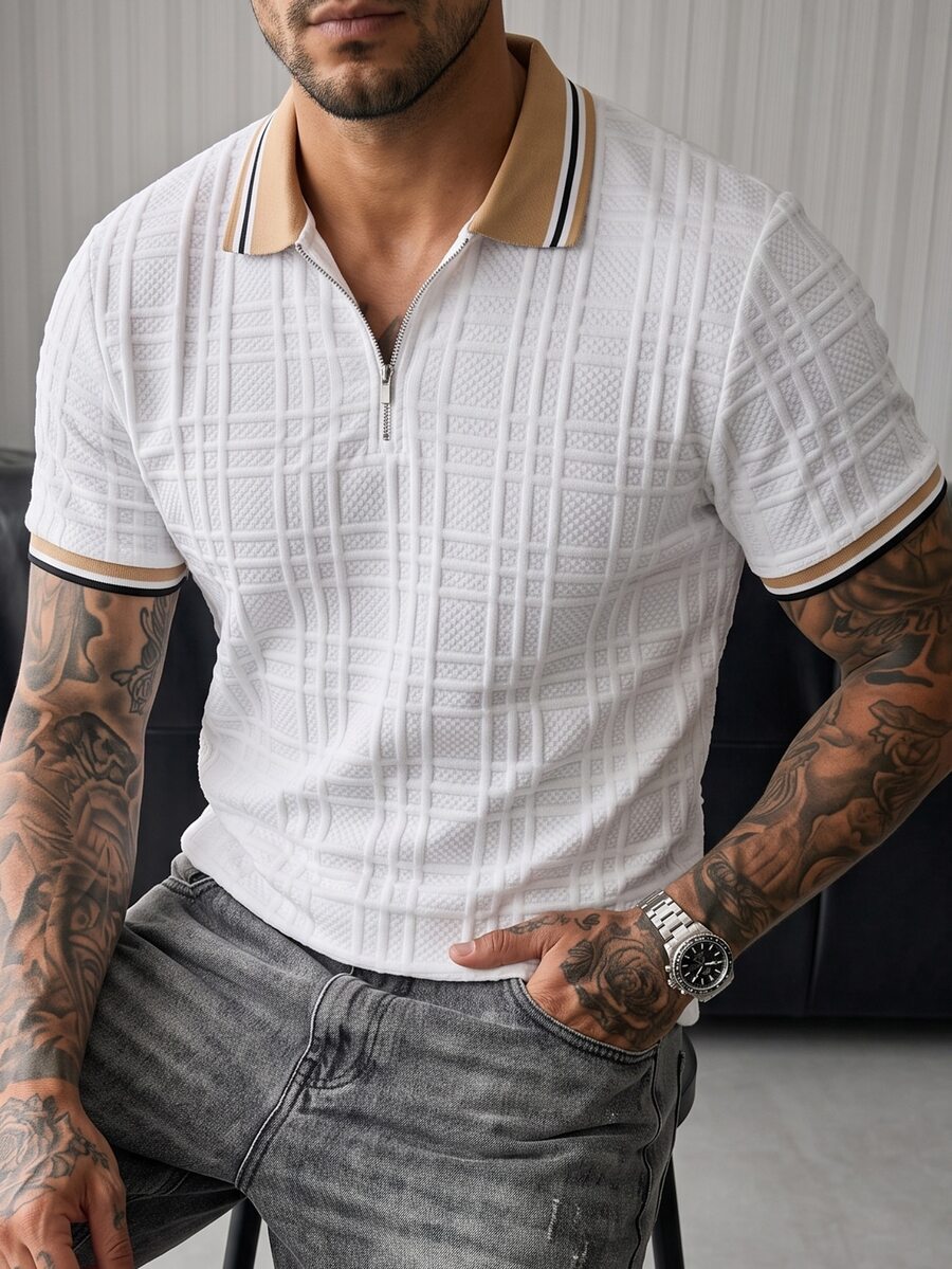 Manfinity CasualCool 男士夏季休閒拼接色短袖 Polo 衫 - 白色 - 查看 1