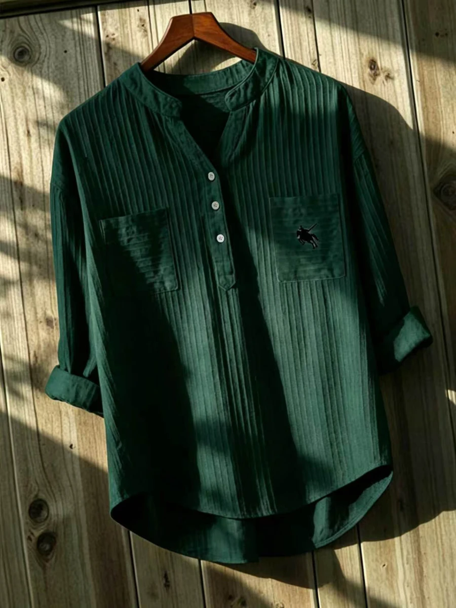 INAWLY 刺繡立領白色條紋襯衫,寬鬆休閒 3/4 袖紋理女款上衣 - 墨綠色 - 查看 1