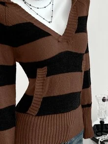 Elamini 百搭撞色條紋插肩袖連帽長袖針織衫 - 彩色 - 查看 4