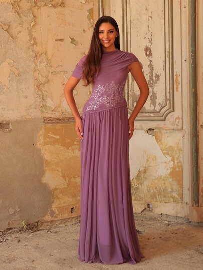 Aureia Elegant Luxurious Gray-Purple Mesh Patchwork Color-Block High-Neck Cape Beaded Applique A-Line Asymmetrical Women's Evening Gown, Influencer Style Dress, Business Formal Dress, Guest Dress, Wedding Event, Bachelorette Party, Women's Evening Party Dress