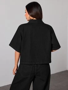 SHEIN PETITE 女款時尚單排扣口袋牛仔外套 外出早午餐旅行上衣 日常黑色夏季休閒基礎街頭風 - 黑色 - 查看 2