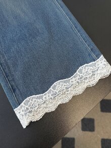 EMERY ROSE EMERY ROSE Women's Contrast Lace Straight Leg Loose Casual Denim Jeans - Medium Wash - View 2