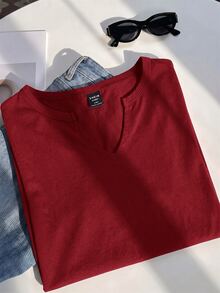 Muchica Burgundy Plus Size Women's V-Neck Drop Shoulder Sleeve T-Shirt - Burgundy - View 7