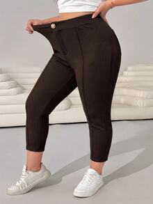 Solflare Chocolate Brown Plus Size Fitted Button Capris - Chocolate Brown - View 4