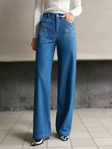 MOTF PREMIUM CELANA JEANS DENIM WANITA BERHIAS BATU PERMATA MODEL LURUS - Light Wash - View 6