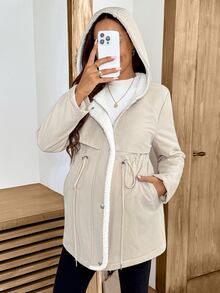 SHEIN Maternity Long Sleeve Zipper Front Drawstring Waist Hooded Winter Jacket - Khaki - View 3