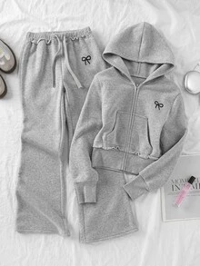 SHEIN 青少年女孩灰色拉鍊連帽衛衣與運動長褲休閒套裝 - 灰色 - 查看 1