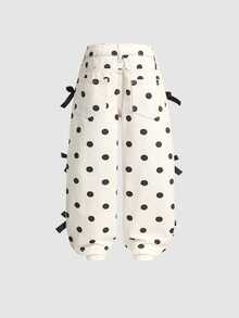 SHEIN Girls Cream White Polka Dot Black Bow Decor Wide Leg Pants, Loose Straight Leg, 100% Cotton Denim Jeans, Flattering Snug Fit Fit, Casual Versatile For Daily School, Outings, Vacation, Korean Style, Blogger Inspired Ins Style - Multicolor - View 2