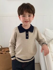 DAZY Boys' (Small) Contrast Color Polo Collar Long Sleeve Sweater Top, Autumn/Winter Layering - Apricot - View 1