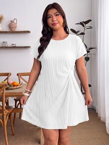 Enliva Plus Size Women Textured Fabric Round Neck Short Sleeve Shirt Dress, White Dress, Suitable For Spring/Summer Wear, St. Patrick's Day Special - White - View 10