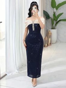 Modelyn Women's Contrast Color Off-Shoulder Patchwork Sequin Elegant Glamorous Long Dress - Blue - View 5
