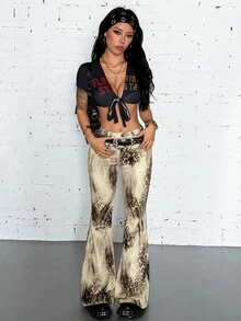 Jeanoix Celana Jeans Flare Pinggang Sangat Rendah Motif Hewan untuk Wanita, Warna Beige, Gaya Musim Panas Terinspirasi Era 90-an dan 2000-an - MultiWarna - View 2