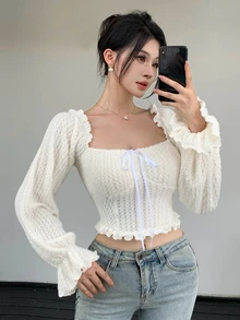 DAZY 秋冬毛絨女款修身優雅通勤上衣，白色蕾絲拼接綁帶荷葉邊 T-shirt，適合婚禮宴會派對 - 米色 - 查看 2