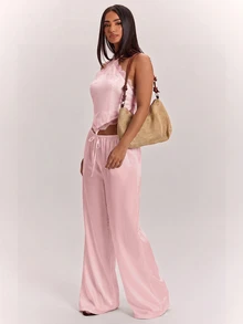 SHEIN BAE Sexy Backless Halter Top And Long Pants Set For Summer - Coral Pink - View 5