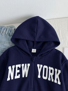 SHEIN 少女寬鬆休閒極簡舒適日常街頭風連帽拉鍊短版長袖運動外套，附口袋，白色，返校穿搭 - 藍色 - 查看 4