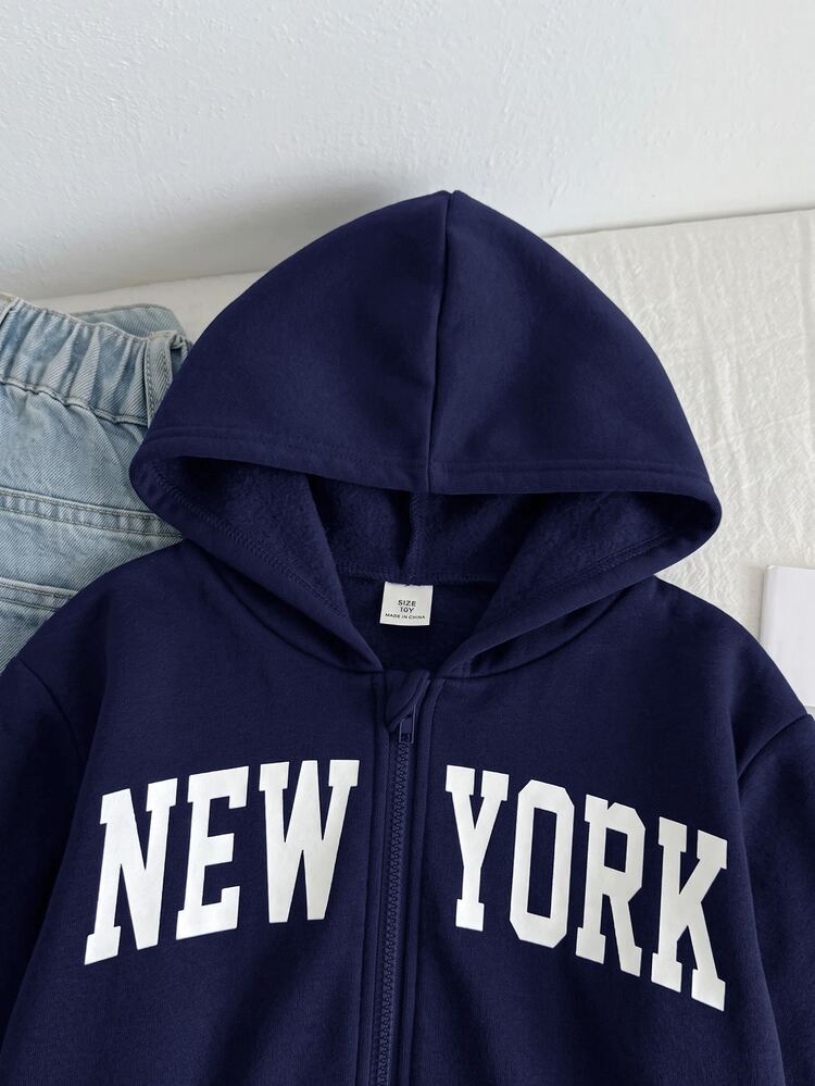 SHEIN Tween Girl Loose Casual Kids Minimalist Comfortable Daily Streetwear Hooded - Long Sleeve Sweatshirt Autumn Jacket With , White, Back To School Outfit - Blue - View 4