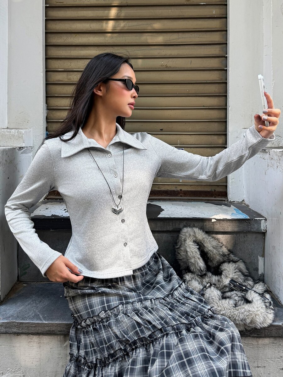 K-Vae Light Gray Polo Collar Single-Breasted Knit Cardigan, Slim Fit Short Length Long Sleeve, Spring/Autumn Slimming Commuter Versatile Top - Grey - View 1
