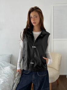 K-Vae Women's Black Zipper Front Casual PU Leather Vest Jacket - Black - View 4