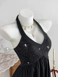 Elamini Gaun Mini Pesta Wanita Hitam dengan Patchwork Sekuin, Kerah V Seksi dan Tali Halter Ikat - Hitam - View 1