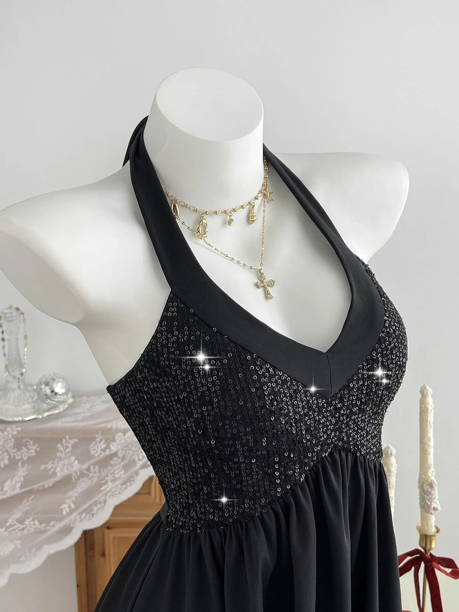 Elamini Gaun Mini Pesta Wanita Hitam dengan Patchwork Sekuin, Kerah V Seksi dan Tali Halter Ikat - Hitam - View 1
