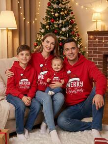 Kids Tween Boys Christmas Hat Print Thickened Crew Neck Long Sleeve Thermal Lined Autumn Winter Sweatshirt, Parent-Child Matching - Red - View 1