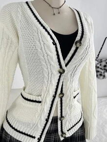 Elamini Cardigan Rajut Kabel Warna Kontras Leher V Kancing Tunggal Saku Jaket Manis Gaya Kasual Preppy Sweater Depan Terbuka Wanita - Putih - View 5