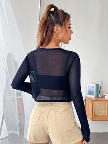 SHEIN EZwear 女款簡約前綁帶長袖針織開襟衫，度假穿搭 - 藏蓝色 - 查看 2