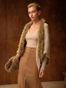 MOTF PREMIUM WOMEN'S ELEGANT KHAKI PATCHWORK FAUX FUR SHAWL CARDIGAN - Khaki - View 5