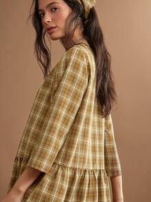 WESTFADE Button Front 3/4 Sleeve Plaid Babydoll Mini Dress & Matching Headscarf, Fall Winter 2026 Western Style Cowgirl Clothing, Rodeo, Female Country Look - Brown - View 2
