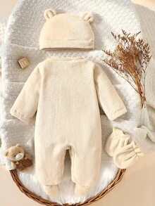 SHEIN 3件組新生兒嬰兒連身褲 米色奶油色可愛絨毛熊貼布 3D耳朵 長袖加厚 戶外秋冬套裝 抓絨毛絨 - 杏色 - 查看 5
