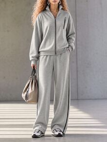 SHEIN LUNE Setelan Olahraga Kasual Longgar Kerah Tegak Terbaru untuk Wanita, Cocok untuk Sehari-hari, Bepergian, dan Berolahraga - Grey - View 8